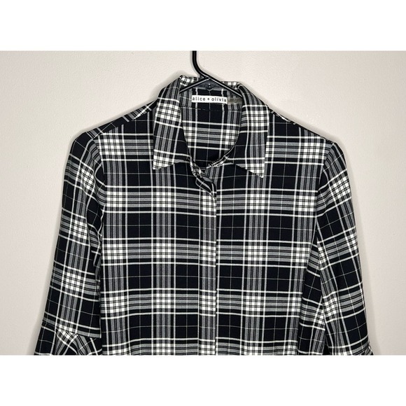 Alice + Olivia Jem Plaid Ruffle Bell Sleeve Button Shirt Dress Black Women's S/P - Picture 7 of 13